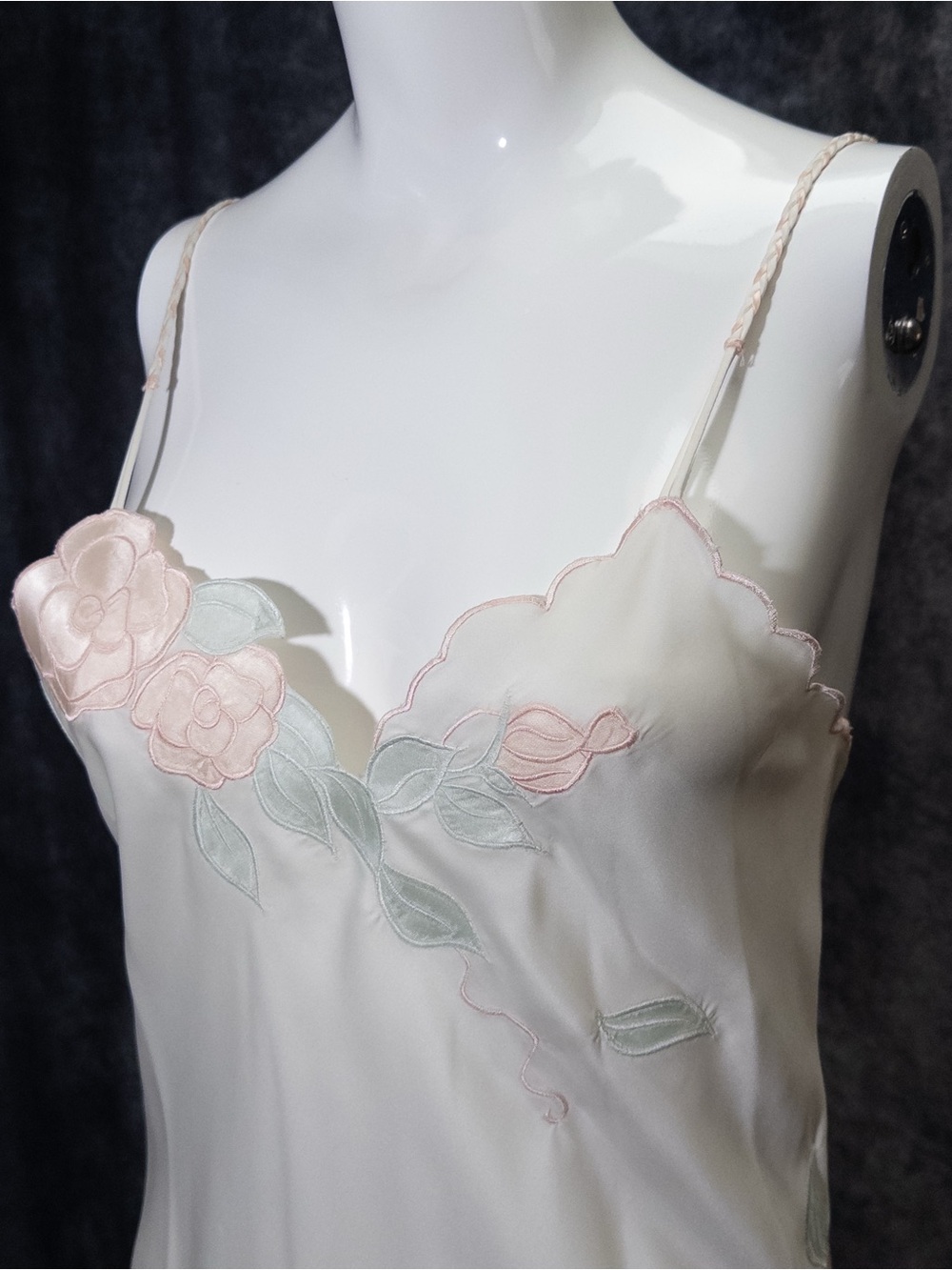 Vintage Bill Tice 1970s Embroidered Floral Satin Slip Nightgown, White Ivory, XS